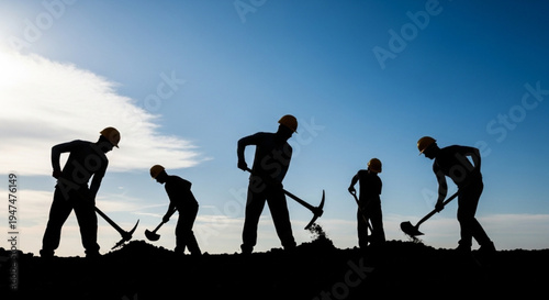 Silhouetted construction workers laboring under a clear blue sky, digging and excavating the earth with shovels and picks