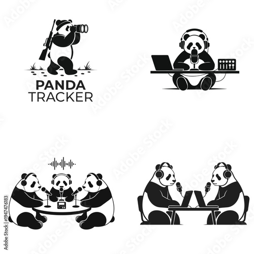 Panda tracker and podcaster - vector graphics for media with black and white