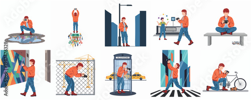 Diverse Isometric Illustration Set of Young Man Using Modern Technology