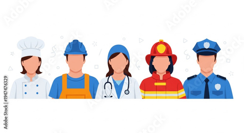 Professional avatars showcasing essential workers chef, builder, doctor, firefighter, police. Illustrating diverse career paths and occupations across various sectors