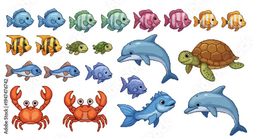 This vector image displays a charming collection of cute, cartoon-style marine animals including various fish, turtles, crabs, and dolphins.