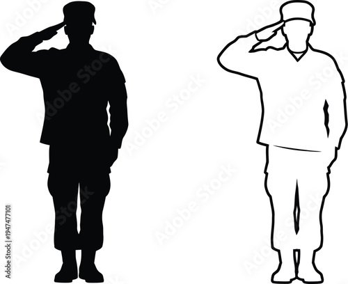 Soldiers saluting in black and white Vector