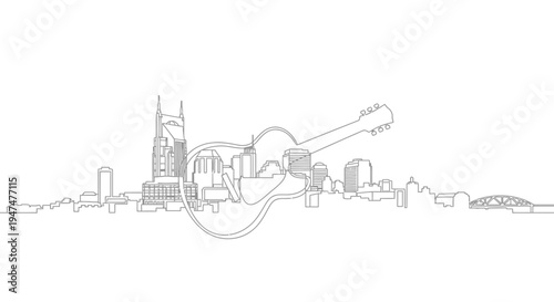 Nashville Skyline with Guitar Outline, Music City Landmark Illustration