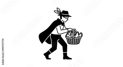 Masked Bandit Steals Chickens in Basket, Mysterious Figure with Cape and Hat