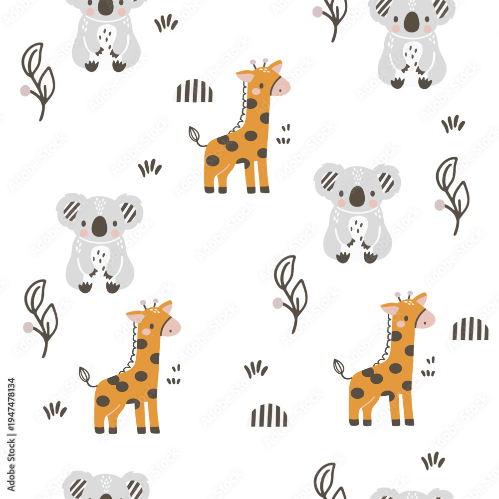 Fototapeta premium A cute, seamless children's pattern featuring animals perfect for Baby Shower decorations, nursery prints, children's clothing, wrapping paper, fabrics, and textiles. Vector illustration.