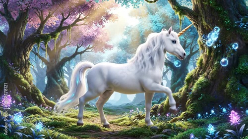 White unicorn in a magical forest.