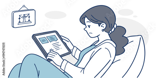 A young woman intently reads terms on a tablet, displaying a concerned expression. Focus on legal rights. Clean, modern illustration style.