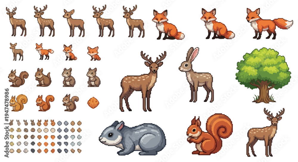 Fototapeta premium This vector showcases a diverse collection of pixel art forest animals including deer, foxes, rabbits, and squirrels, accompanied by a tree and various small items.