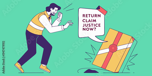 Frustrated man confronts a damaged package with a ?Return Claim Justice Now? message. Bold illustration style, conveying urgency and dissatisfaction. Modern, graphic ... See More
