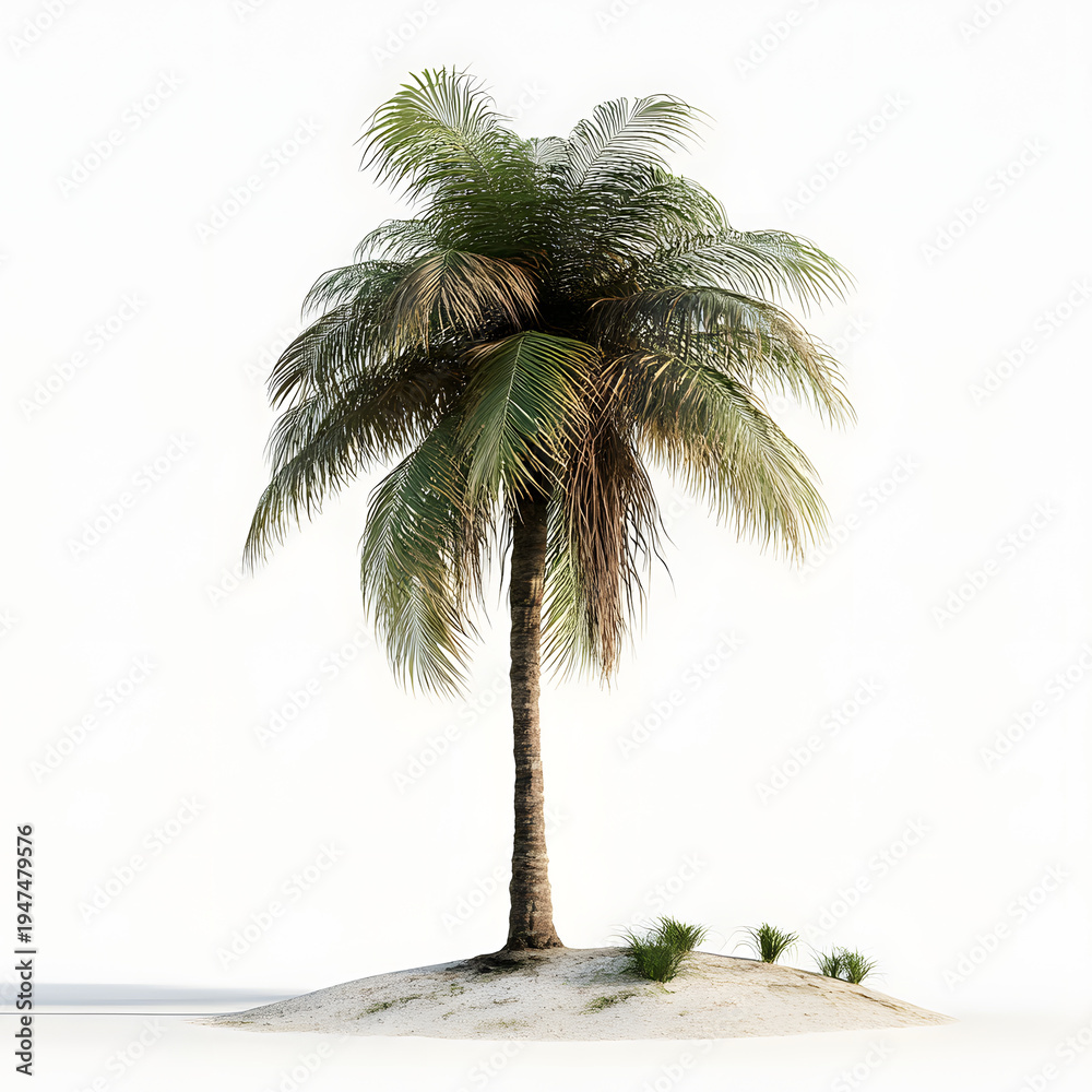 Obraz premium Tropical Palm Tree on Sand Island Isolated on White Background Exotic Beach Summer Vacation Nature