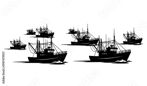 Fishing boat fleet silhouette black vector illustration in line art style