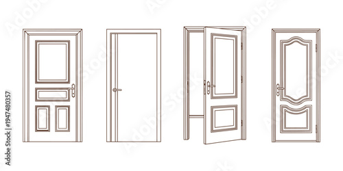 Interior door vector outline set for architectural and home decor designs