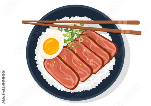 A dark blue ceramic bowl generously filled with steamed white rice features savory slices of glazed meat, a perfectly halved soft-boiled egg, scattered green onions, and two resting wooden chopsticks