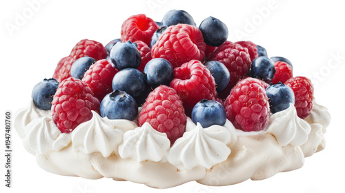 A delicious dessert featuring a cake topped with whipped cream and mixed berries on transparent background