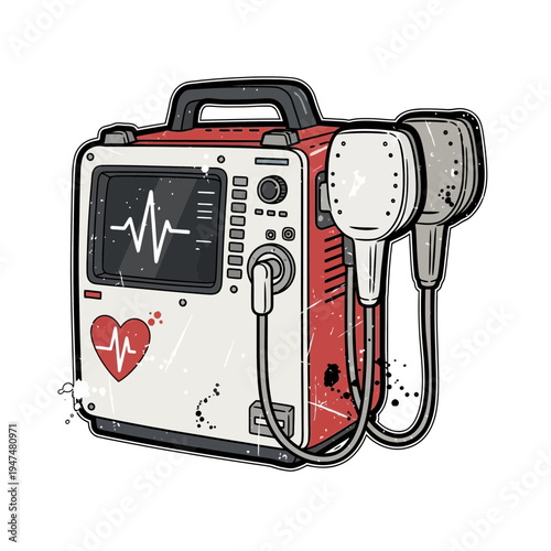Defibrillator machine with heart monitor and paddles, medical equipment illustration
