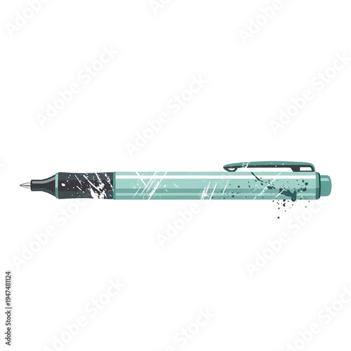 Mint green pen with abstract paint splatters on white background