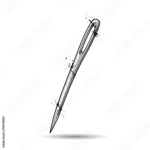 Sewing needle with thread, hand-drawn sketch, isolated on white background