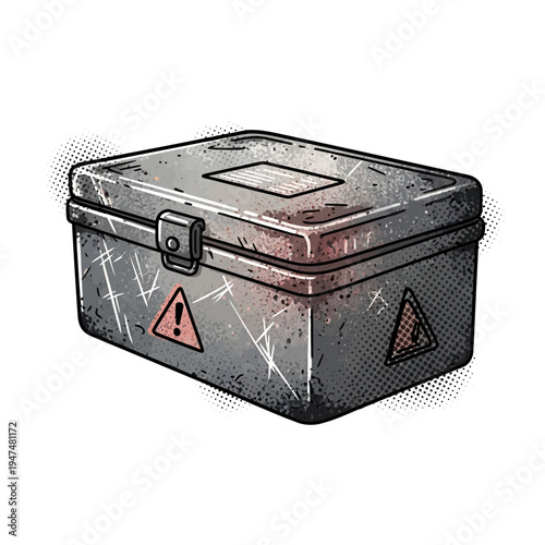 Scratched Metal Tool Box with Warning Symbols