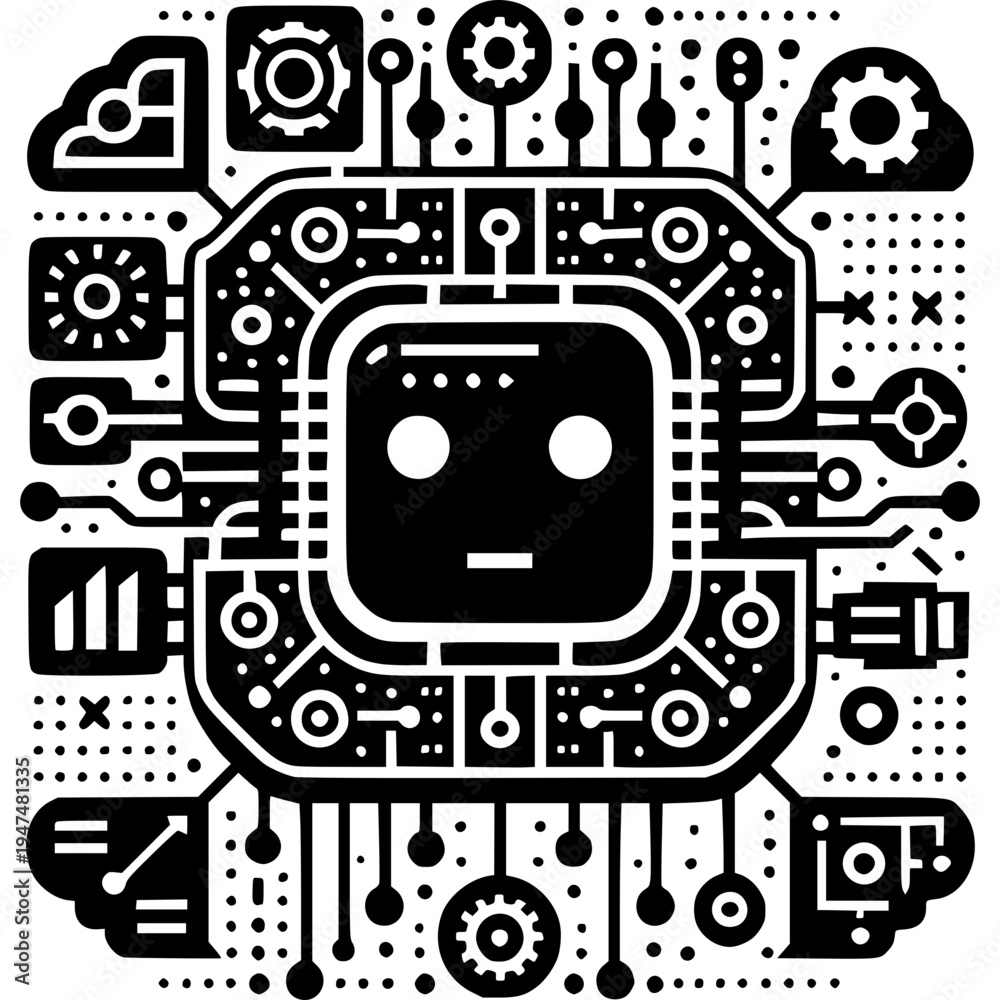 Obraz premium Cybernetic Intelligence: a robotic face at the heart of an intricate electronic circuit, illustrating artificial intelligence and technological innovation. 