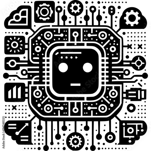Cybernetic Intelligence: a robotic face at the heart of an intricate electronic circuit, illustrating artificial intelligence and technological innovation. 