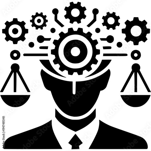 Mind of Innovation: An intricate black and white illustration depicts a human head with gears and scales, representing the interplay of intellect, decision-making, and innovative thinking. 