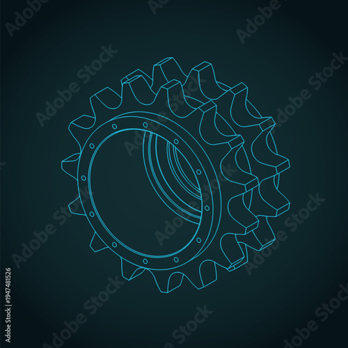Double sprocket chain wheel isometric blueprint