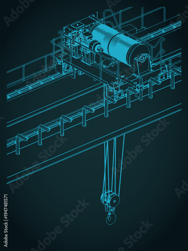 Overhead crane isometric blueprint close-up