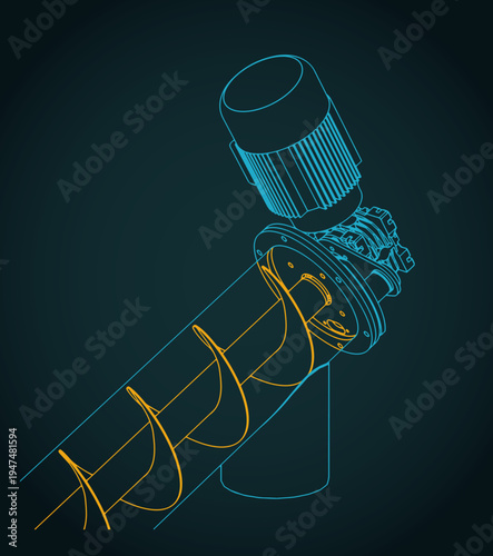 Screw conveyor and internal structure mechanism close-up isometric blueprint
