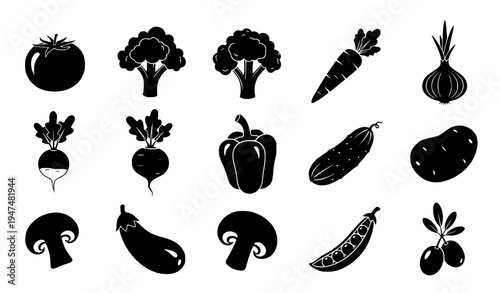 Vegetable Silhouette Icon Set with Tomato, Broccoli, Carrot, Onion, Radish, Pepper, Cucumber, Potato, Mushroom, Eggplant, Pea and Olive Isolated on White