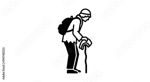 Elderly Hiker with Backpack and Cane Walking Outdoors