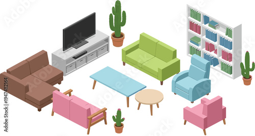 Isometric living room furniture arrangement with sofas armchairs coffee table television bookshelf and plants modern interior vector illustration