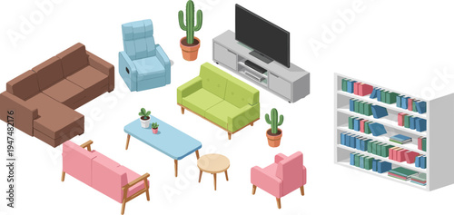 Isometric living room furniture set with sofas armchairs coffee table television bookshelf plants modern home interior vector illustration