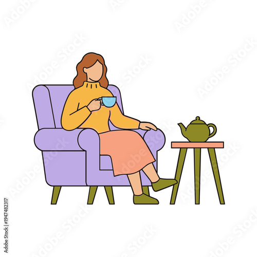 Woman sits on purple chair drinking tea from blue cup next to green teapot on table