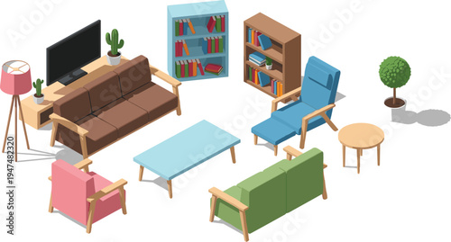 Isometric living room furniture set with sofas armchairs bookshelf coffee table lamp and TV modern interior vector illustration