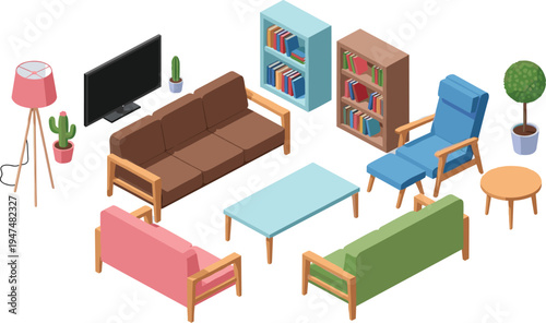 Isometric living room furniture collection with sofas armchairs bookshelf coffee table lamp television and plants modern interior vector illustration