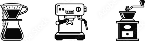 Coffee brewing equipment set pour over dripper espresso machine manual grinder barista cafe tools kitchen beverage preparation flat vector illustration