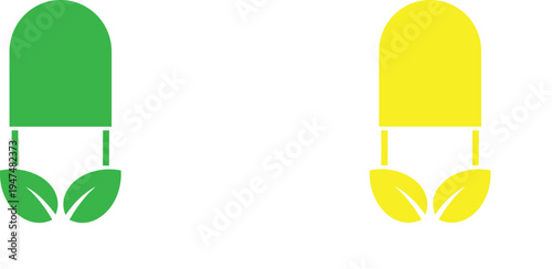 Eco medicine capsule with leaf icon, natural pharmacy supplement symbol green yellow pill organic healthcare concept flat vector illustration