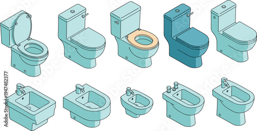 Isometric bathroom sanitary equipment set with toilets bidets sinks plumbing fixtures modern restroom interior vector illustration collection