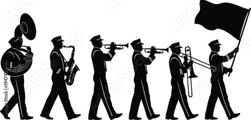 Marching band musicians silhouette parade with brass instruments and flag bearer musical performance procession isolated design - flat vector illustration