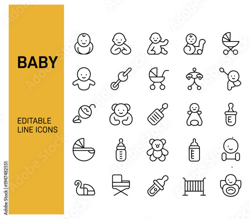 Baby care and newborn essentials line icons for nursery childhood and parenting