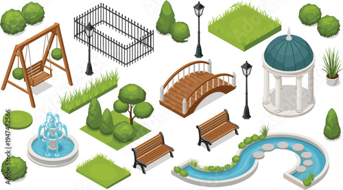 Isometric park and garden elements collection with gazebo fountain benches bridge swing lamps trees grass landscape vector illustration