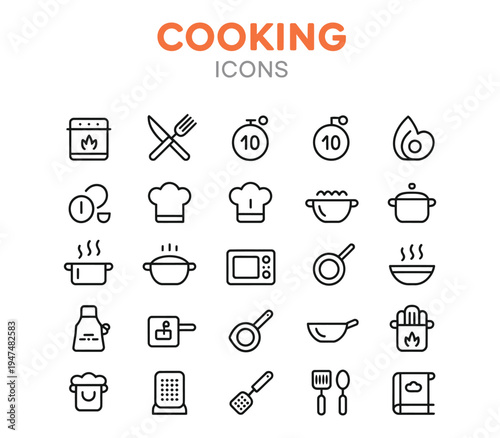 Cooking icon set vector illustration with oven cutlery timer flame pot pan and more