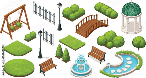 Isometric park elements set with benches fountain bridge gazebo trees lamps grass and swing playground vector illustration design