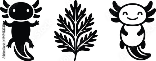 Cute axolotl vector icon set, salamander silhouette and cartoon amphibian character with aquatic plant illustration, adorable mascot design