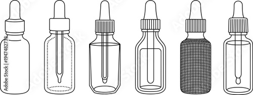 Dropper bottle vector set, cosmetic serum and essential oil pipette containers, line art glass packaging illustration collection for skincare products