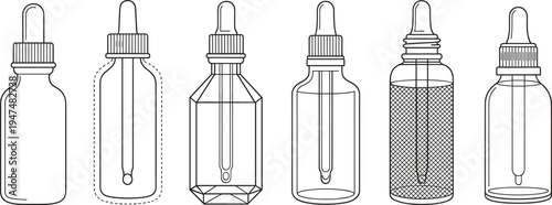 Dropper bottle line art set, cosmetic serum and essential oil glass pipette containers, skincare packaging vector illustration collection