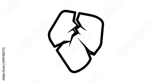 Abstract Broken Geometric Shape, Fragmented Symbol, Cracked Object, Black and White Icon