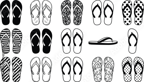 Flip flop sandal vector set, summer beach footwear collection with patterned, striped and floral designs, casual thong sandals icon pack
