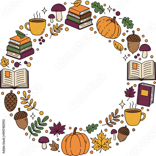 Autumn reading wreath with books, pumpkin, coffee cup and fall leaves illustration
