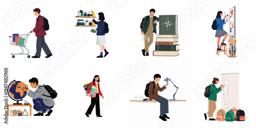 Set of diverse high school students in uniforms engaged in various academic activities, studying, shopping for supplies, and preparing for the school year.
